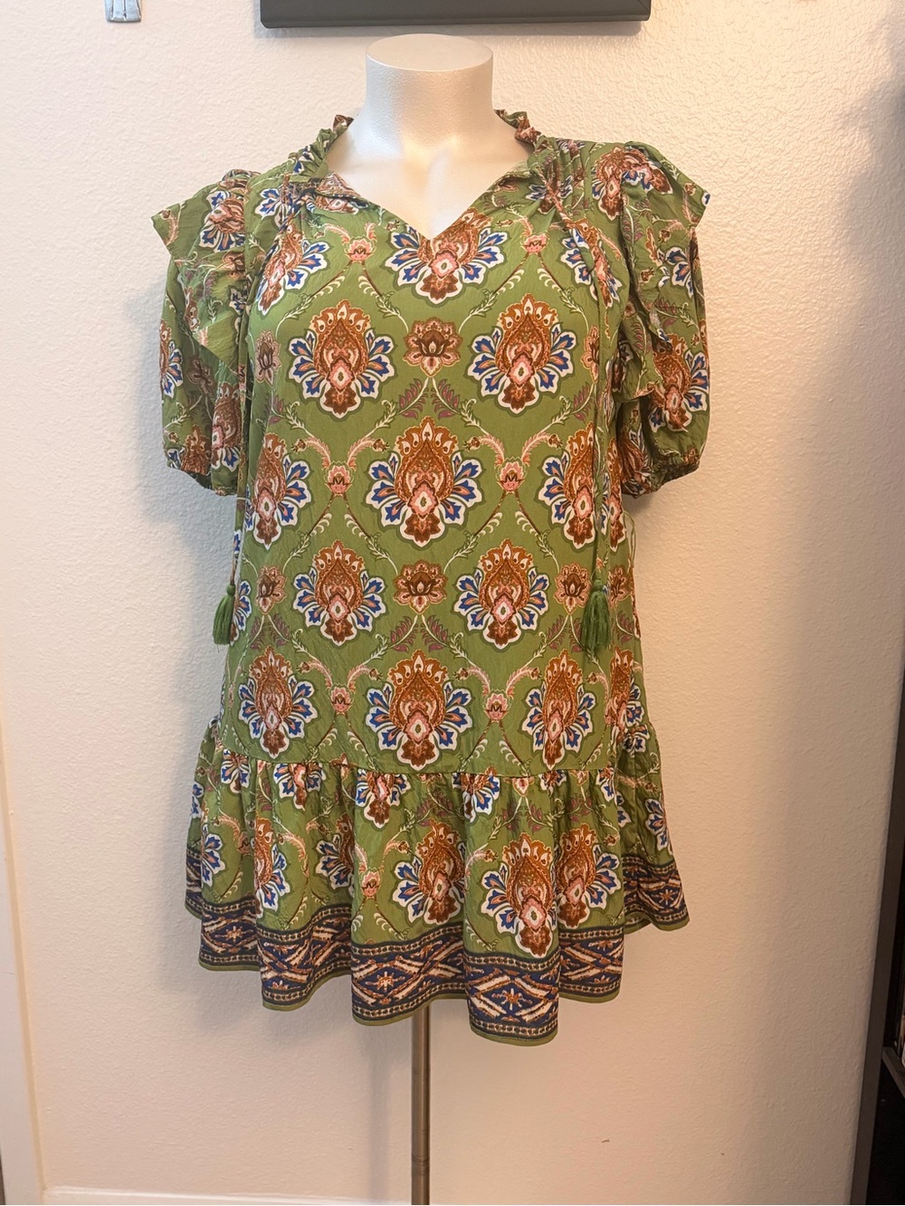Flying Tomato Olive Green Paisley Ruffle-Hem Tunic